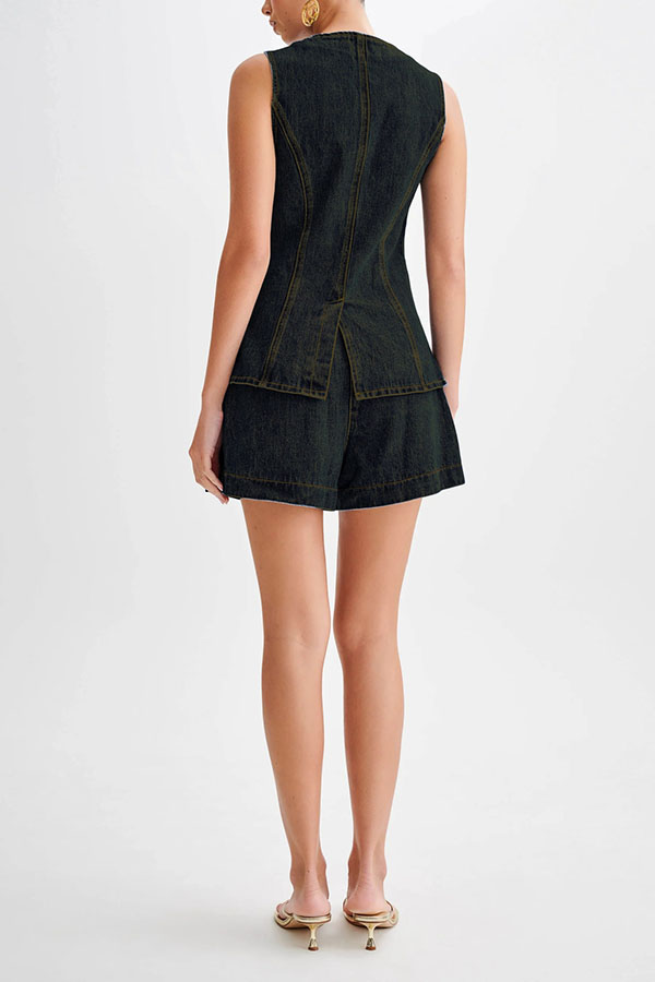 Abel Denim Button Up Princess Seams Pocket Vest Top-consonak