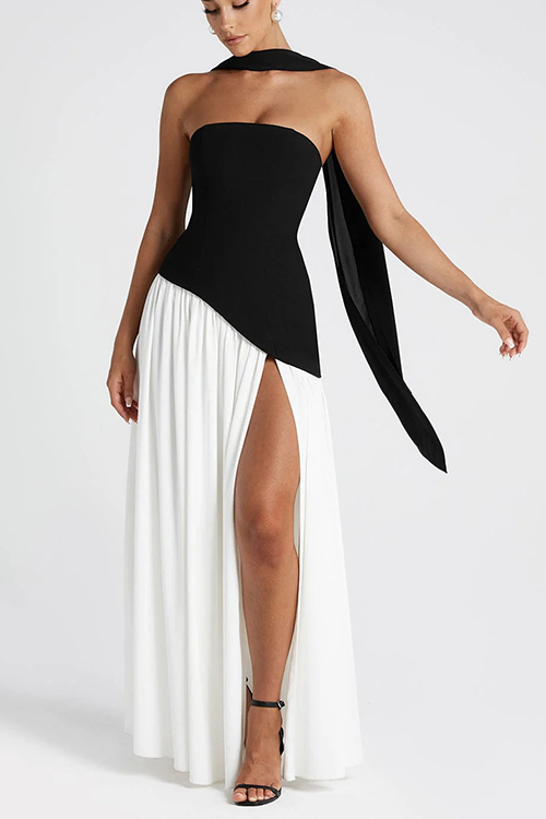 consonak Strapless Back Lace-up High Slit Splice Maxi Dress-consonak