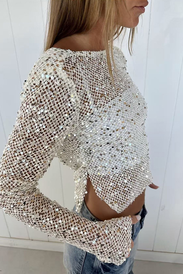Fashionable Sequined Fishnet Casual Long-sleeved Top