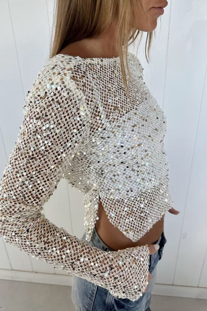 Fashionable Sequined Fishnet Casual Long-sleeved Top