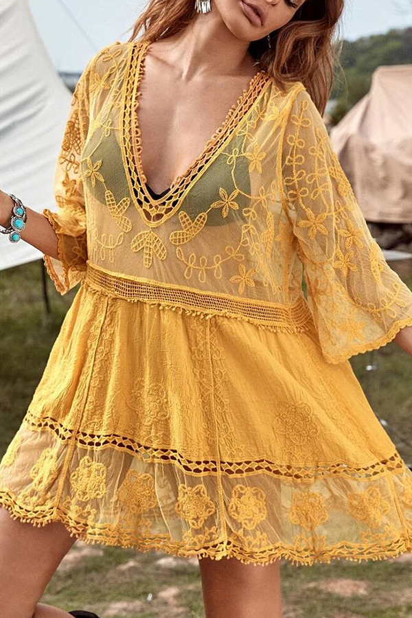 Lace V Neck Hollow Short Sleeved Cover Up-consonak