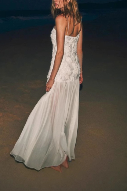 Indulge in Floral Applique Pleated Chiffon Hem Slip Maxi Dress-consonak