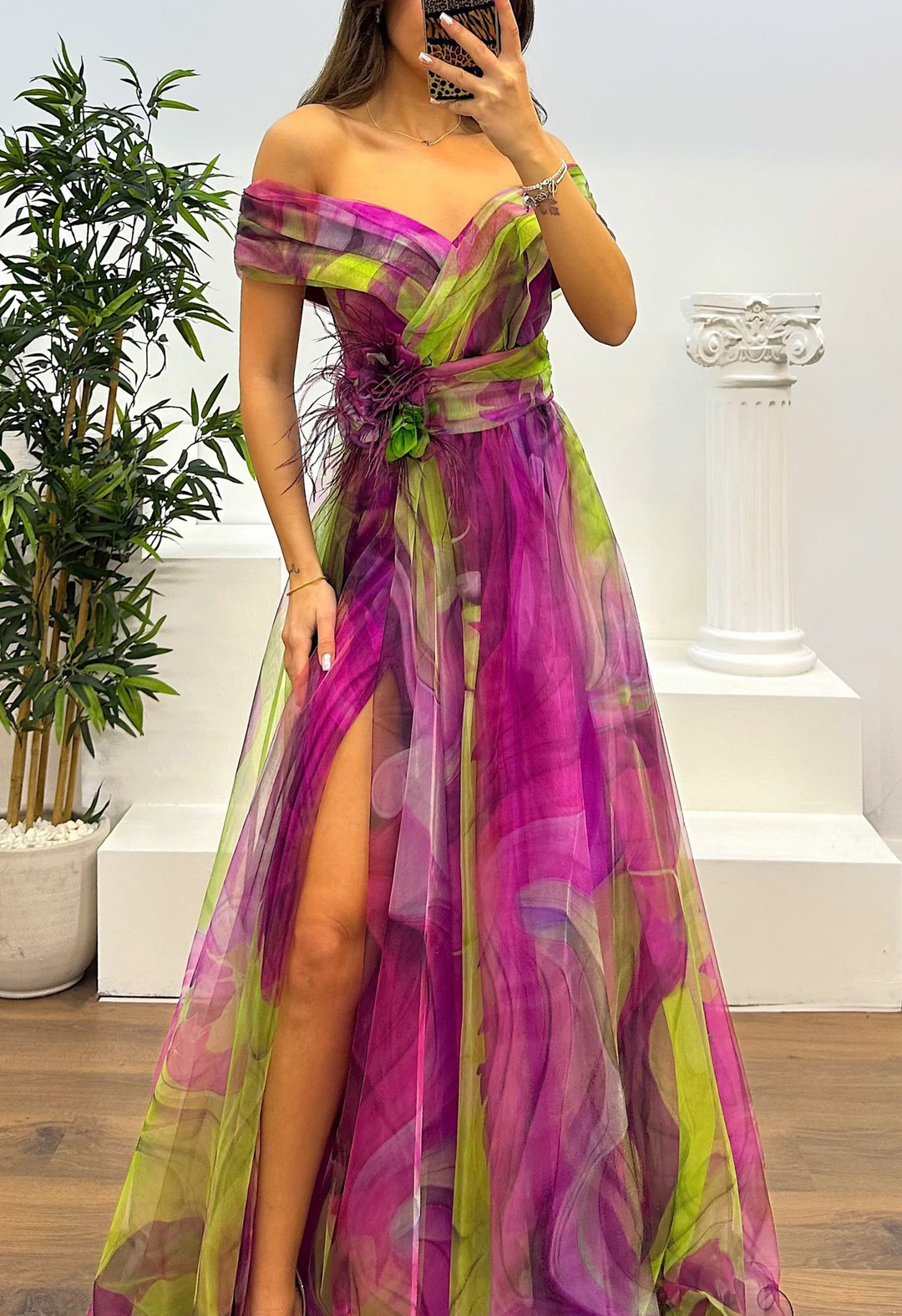 Fairy Flower Feather Pendant Elegant Fallen Fold Off Shoulder Party Split Design Long Dress-consonak