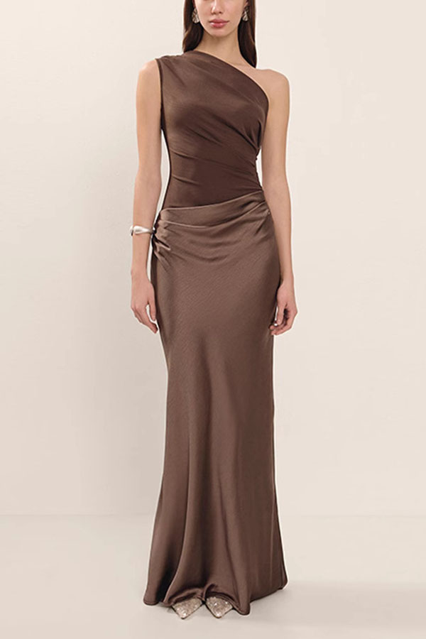 Kaia Satin Contrast Fabric Patchwork One Shoulder Ruched Maxi Dress-consonak