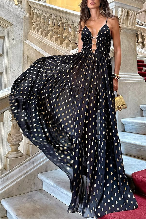 Party Charm polka dot black design chiffon gold polka dot print hollow out lightweight long skirt-consonak