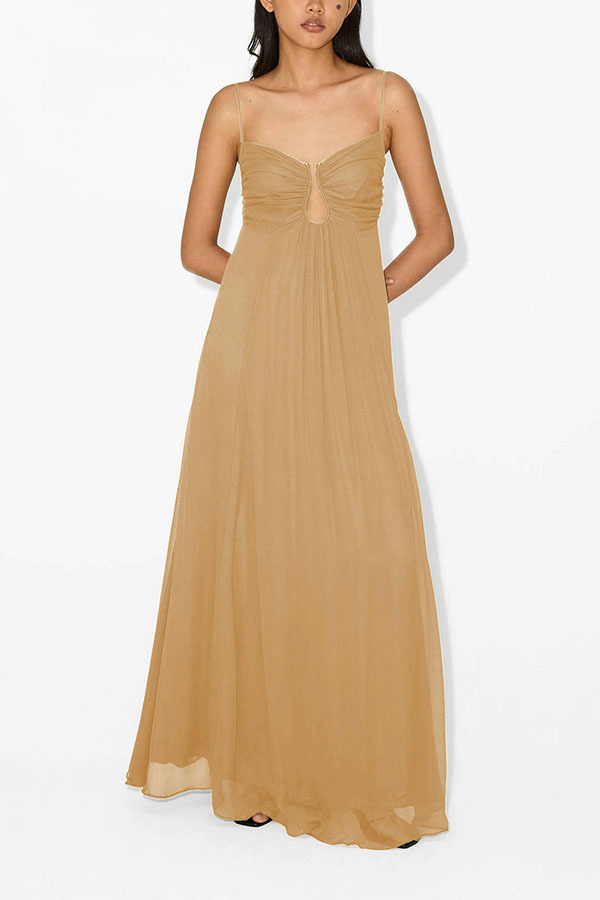 Soft and Elegant Metal Hollow Design Back Smocked A-line Slip Maxi Dress-consonak