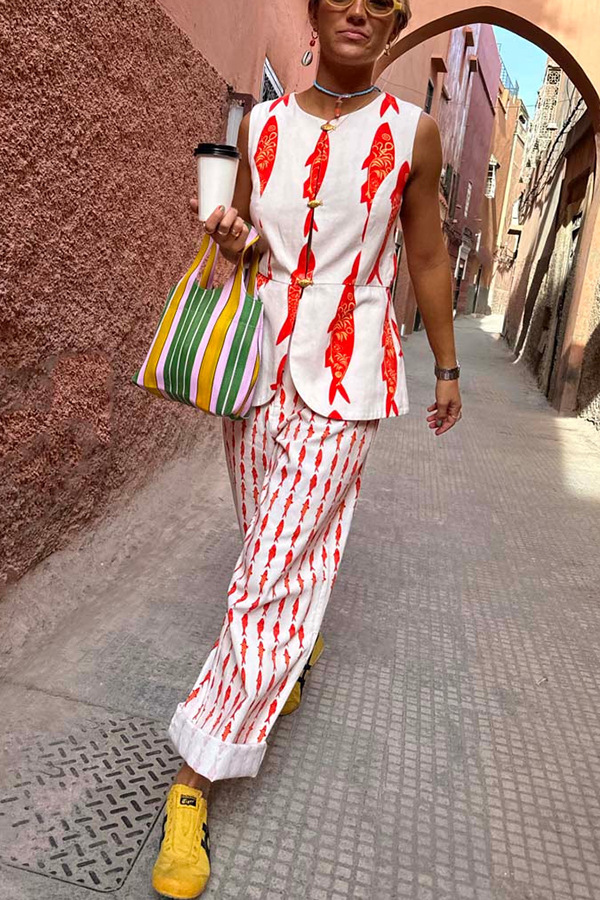 Good Luck Linen Blend Koi Pattern High Rise Elastic Waist Loose Pants-consonak