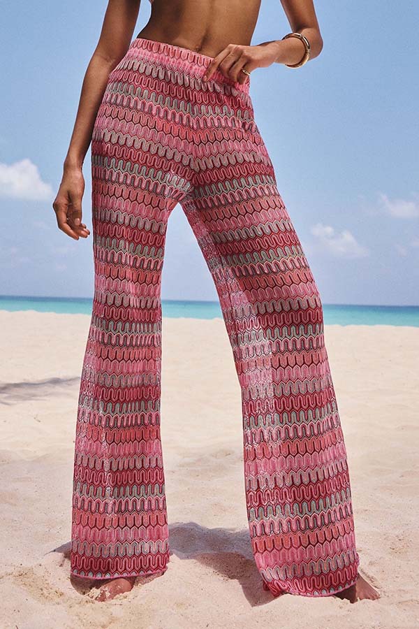 Beach Style Knit Unique Print Long Sleeve Kimono Shirt and Stretch Wide Leg Pants Set-consonak
