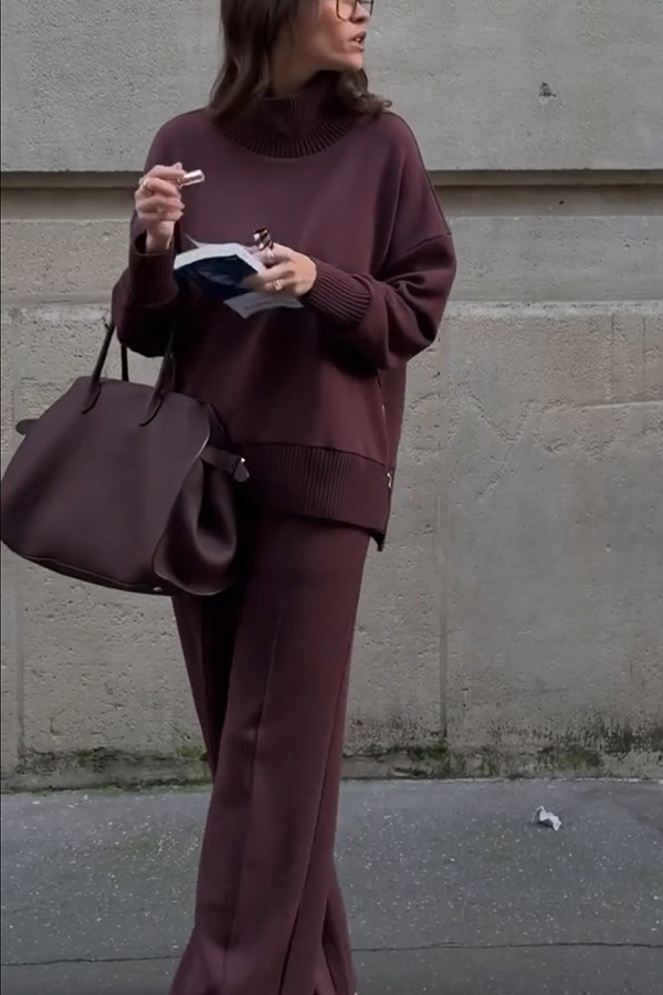 Double Soft Turtleneck Side Zipper Sweatshirt and Elastic Waist Pocketed Loose Pants Set-consonak