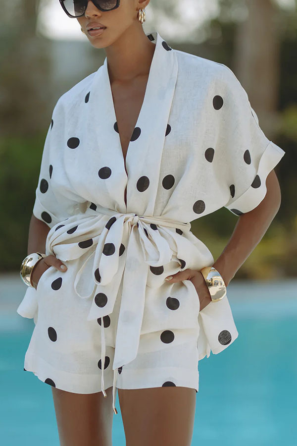 Playful Linen Blend Polka Dot Tie-up Kimono Top and Elastic Waist Pocket Shorts Set | Consonak