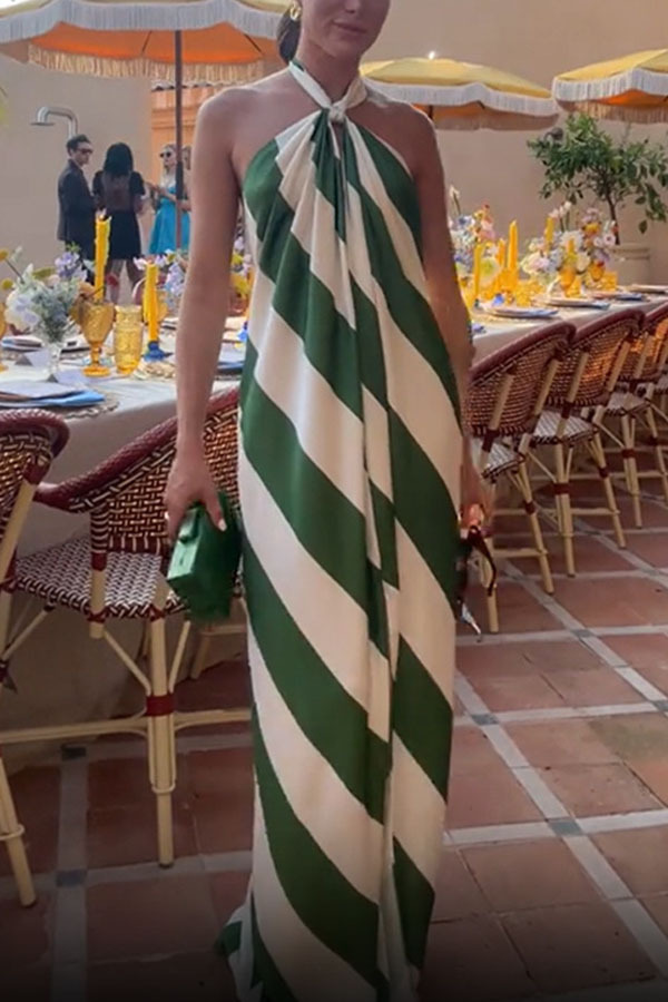 Most Dreamy Stripe Print Halter Tie-up Backless Pocket Loose Maxi Dress-consonak