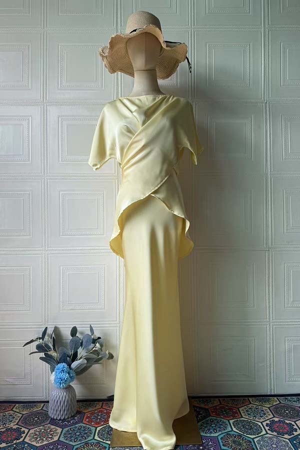 Secret of Elegance Satin Slit Back Lace-up Top and Elastic Waist Flare Maxi Skirt Set