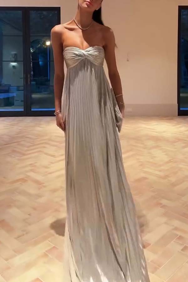 Night Elf Metallic Fabric Pleated Off Shoulder Twist Bust Slit Maxi Dress | Consonak