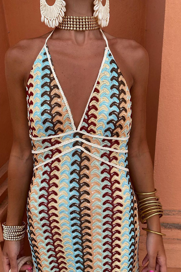 Playful Colorful Knit Holiday Style Halter Neck Maxi Dress-consonak