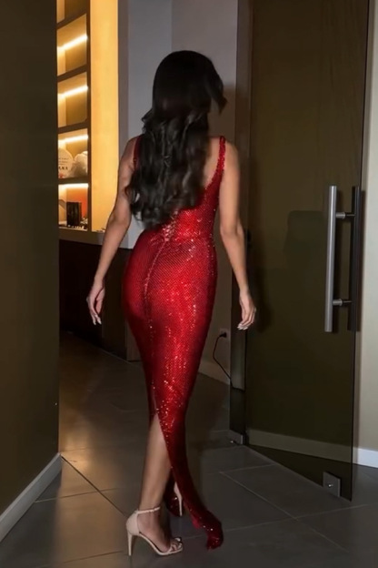 Passionate Woman Glitter Fabric Square Neck Back Lace-up Maxi Dress-consonak