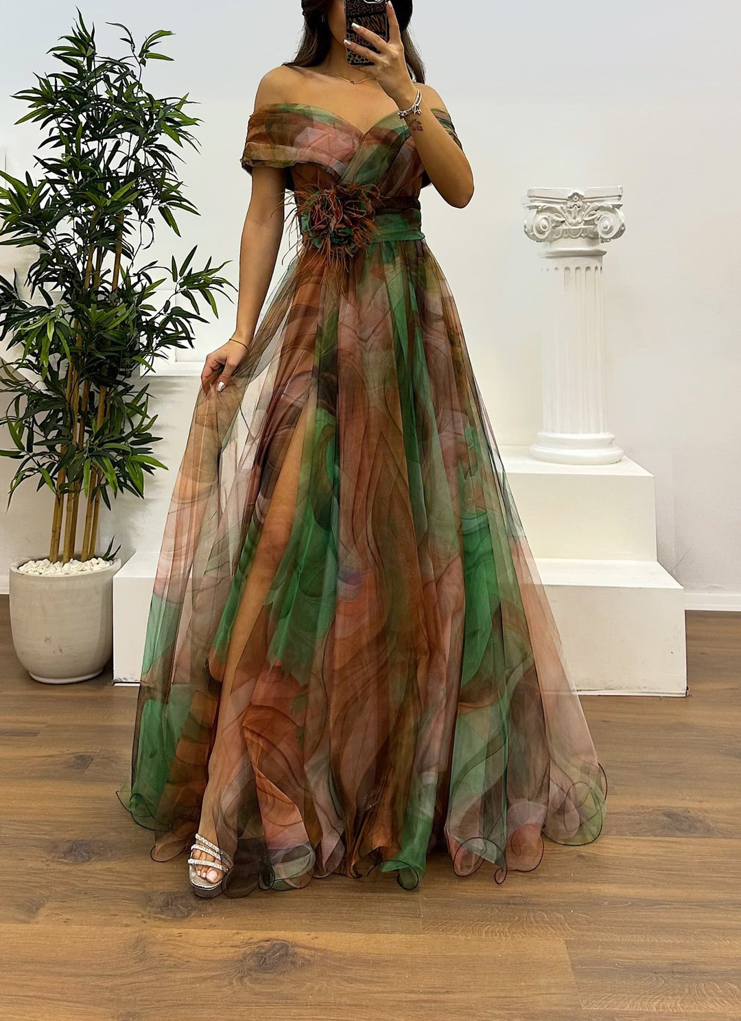 Fairy Flower Feather Pendant Elegant Fallen Fold Off Shoulder Party Split Design Long Dress-consonak