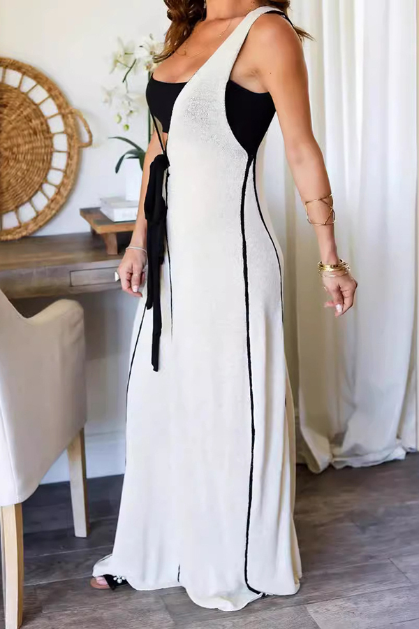 Boat Date Knit Contrast Self Tie Flowy Oversized Maxi Dress-consonak