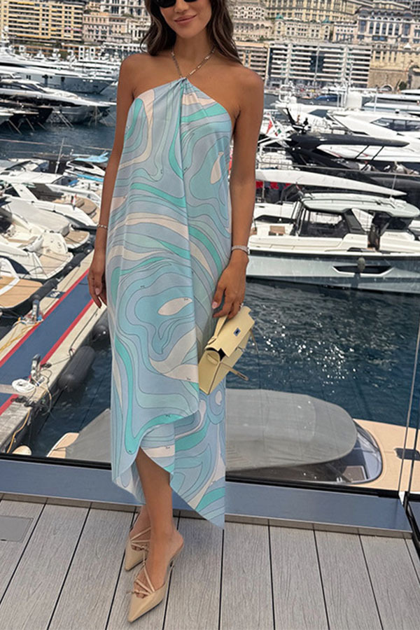 Elmhurst Satin Unique Print Chain Halter Draped Scarf Midi Dress-consonak