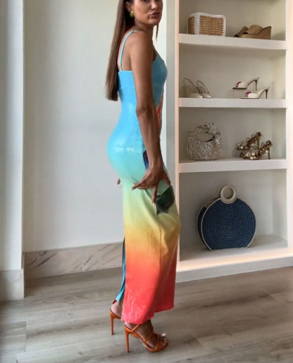 Dreamy Dreamy Sequin Unique Floral Gradient Print Slit Stretch Maxi Dress(Shipped within 24 hours)-consonak