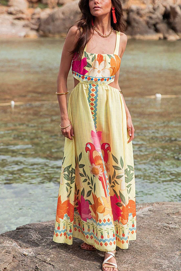 Resort Style Unique Print Sexy Square Neck Backless Waist Maxi Dress-consonak