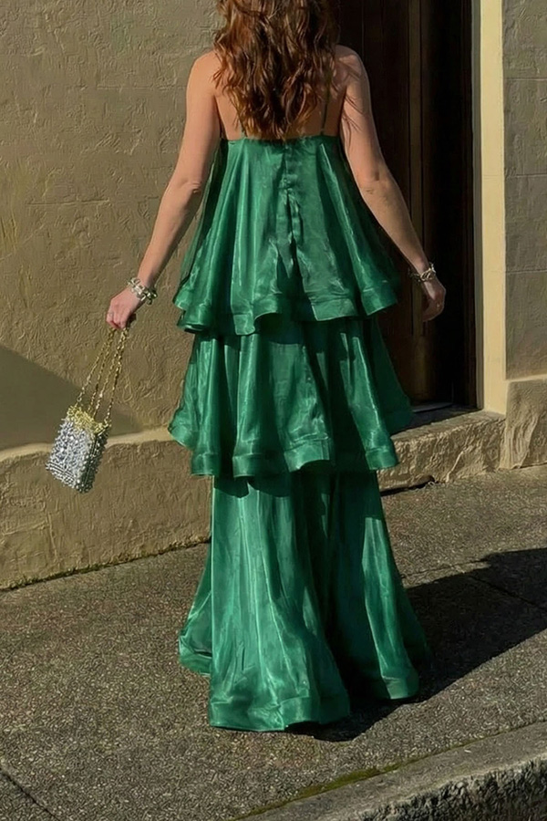 Soft and Smooth Satin Tiered Slip Square Neck A-line Maxi Dress