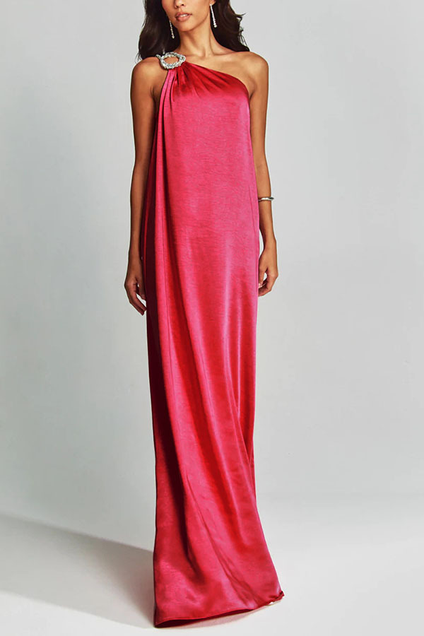 Charming Glance Satin Metal Hardware One Shoulder Loose Maxi Dress-consonak