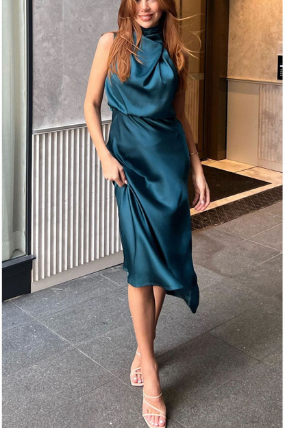 Classic on You Satin High Cowl Neck Top and Elastic Waist Pocket Loose Pants Set-consonak