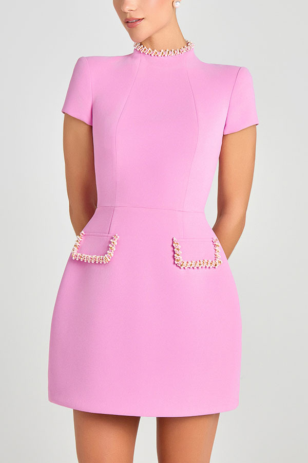 Sweet and Elegant Scent Pearl Trim Short Sleeve Pocketed Mini Dress | Consonak