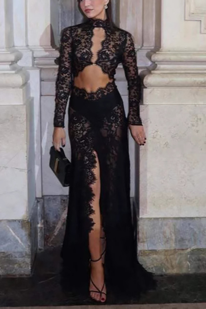 Dark Night Charm Sheer Lace Cutout Long Sleeve Stretch Maxi Dress-consonak