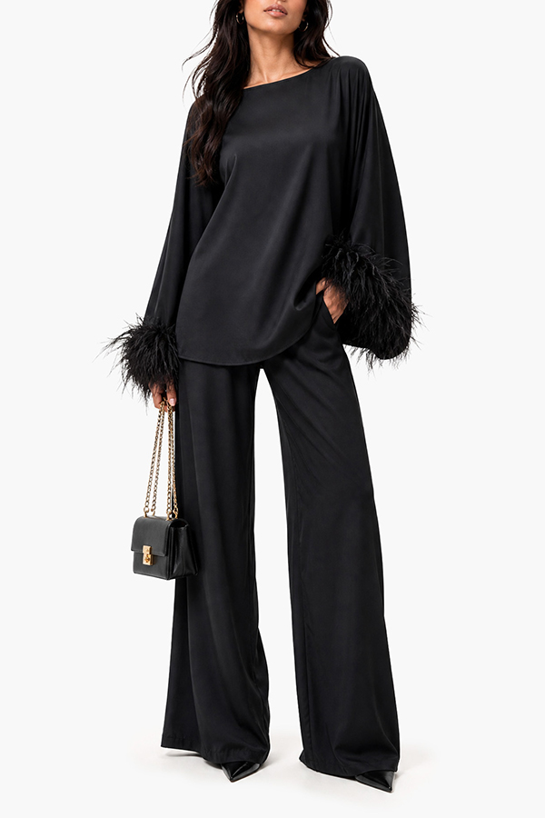 Feather Trim Cuff Black Satin Co Ord Set Long Sleeve Blouse Wide Leg Trousers Party Suit