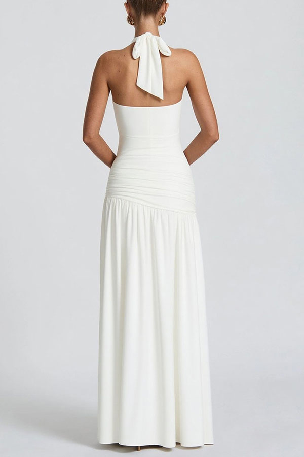 Solid Color Halter Neck Backless Slim Fit Pleated Slit Maxi Dress-consonak