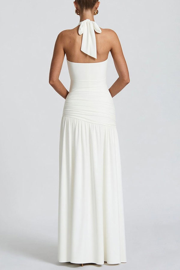 Solid Color Halter Neck Backless Slim Fit Pleated Slit Maxi Dress-consonak