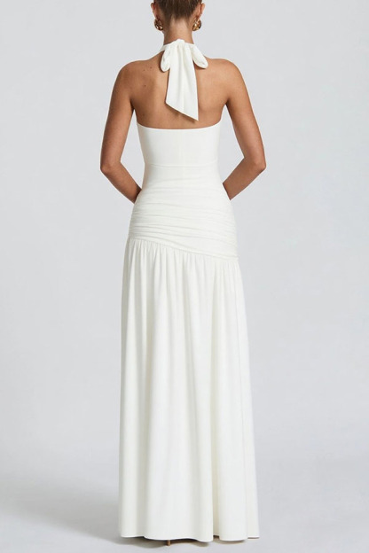 Solid Color Halter Neck Backless Slim Fit Pleated Slit Maxi Dress-consonak