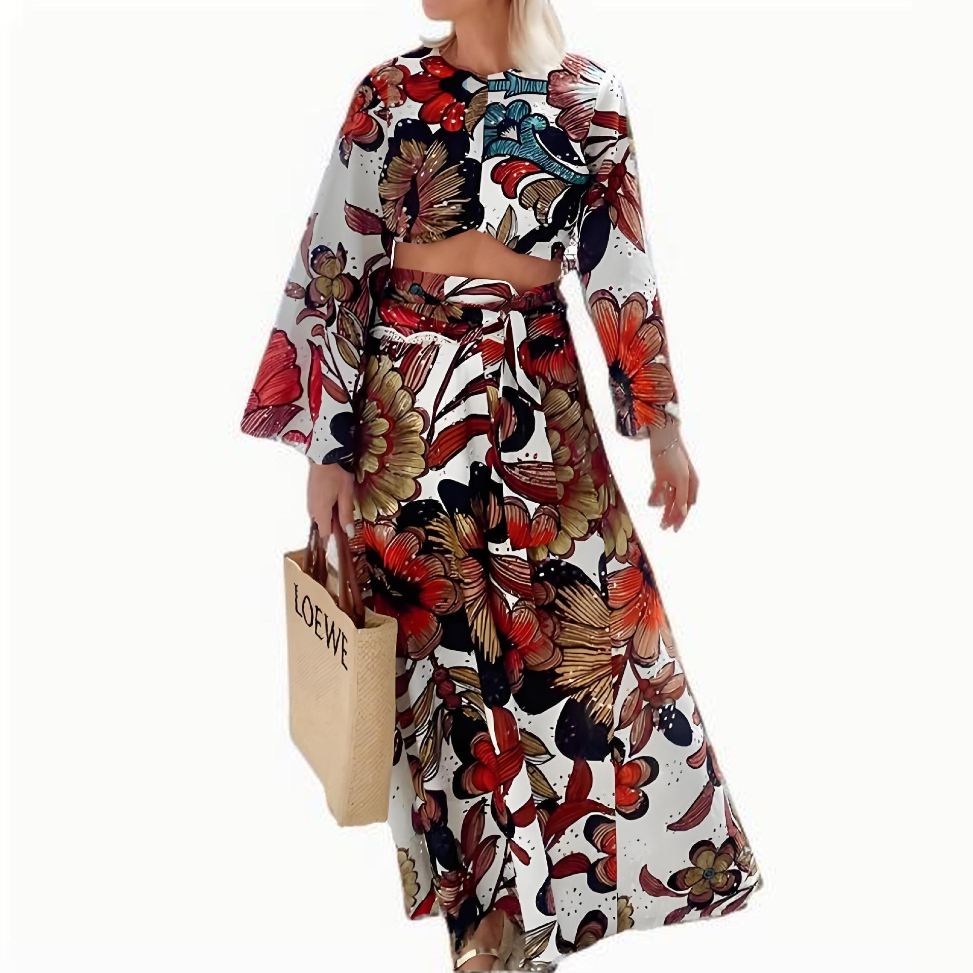 Hollow lace unique printed bell shaped sleeve crop top and lace up long skirt set-consonak