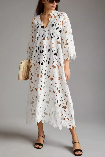 I Belong Here Floral Eyelet Lace Cover Up Beach Midi Dress-consonak