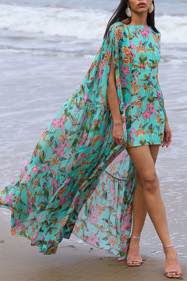Garden Party Contrast Floral Print High Low Cape Maxi Dress-consonak