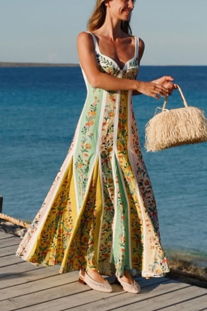 Sweet Garden Linen Blend Color Block Floral Paneled Maxi Dress-consonak