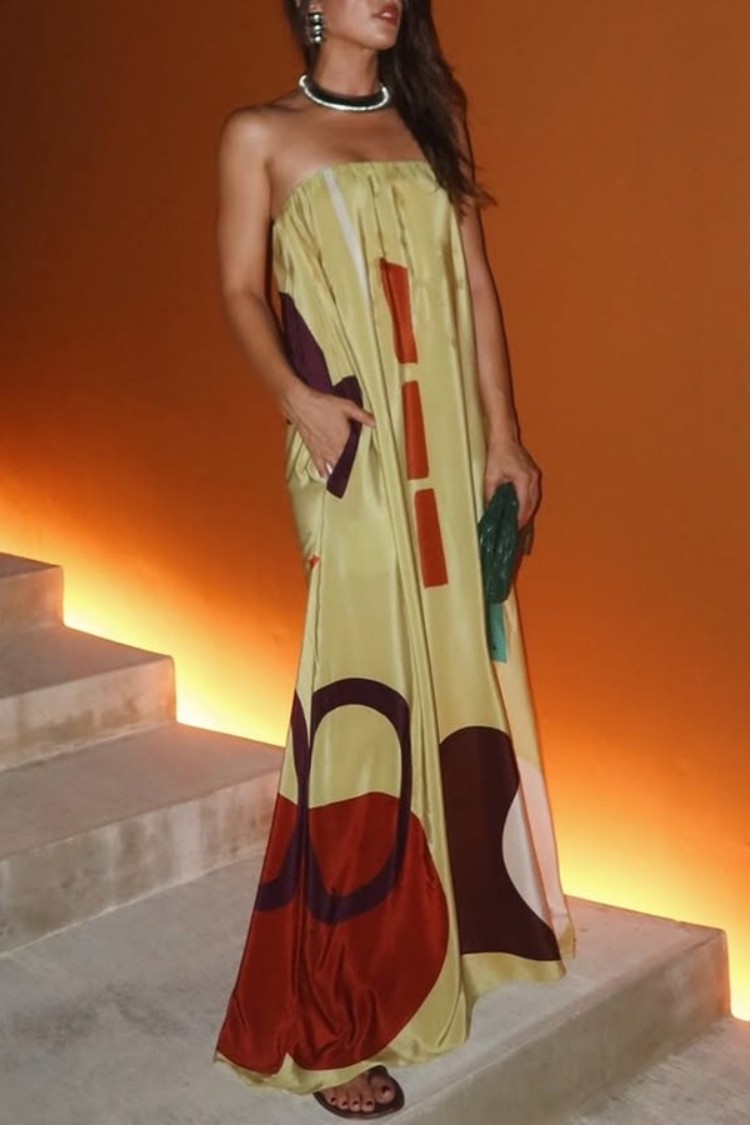 Abstract Print Satin Strapless Maxi Dress | Loose Fit Evening Dress