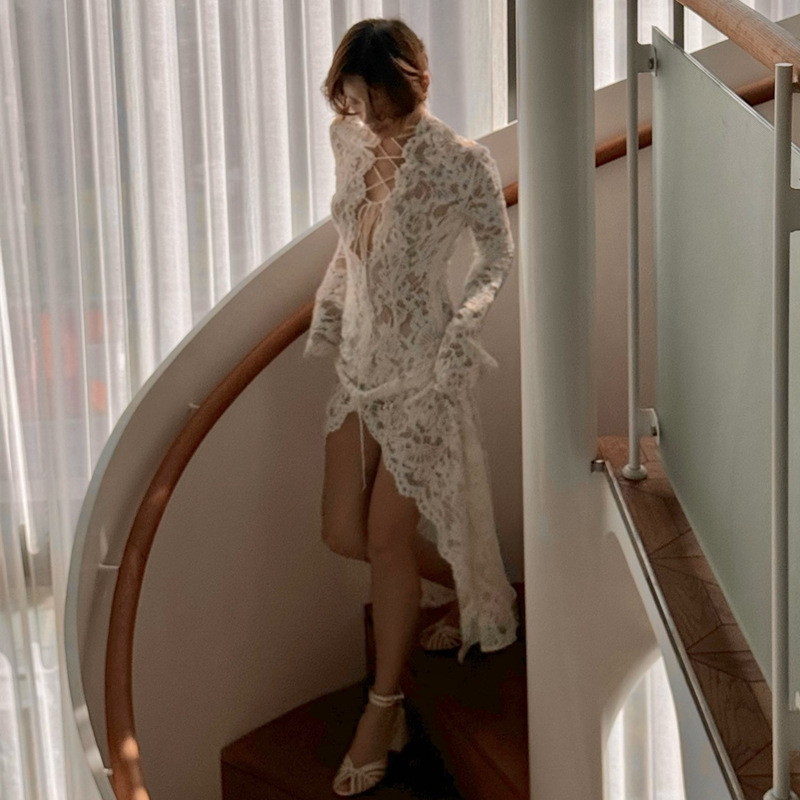 Garcelle Floral Lace Lace-up Long Bell Sleeve Slit Midi Dress-consonak