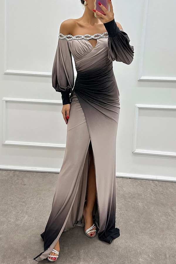 Julieta Gradient Print Boat Neck Off Shoulder Gem Detail Slit Gown Maxi Dress | Consonak