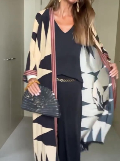 Vintage Pattern Open Front Loose Duster Kimono Cover Up-consonak