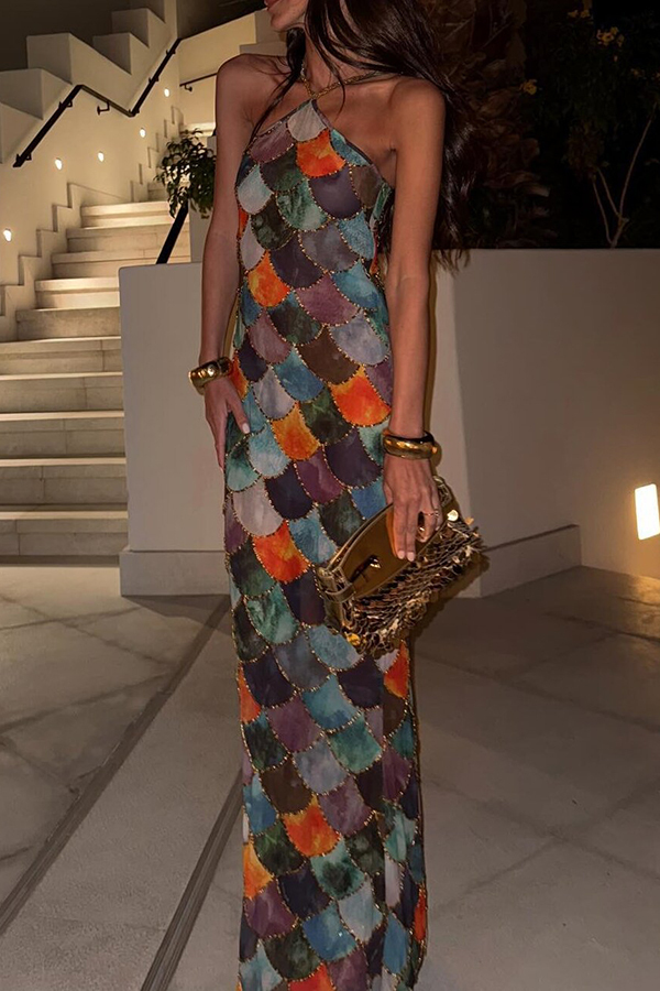 Little Mermaid Colorful Scales Print Halter Maxi Dress-consonak