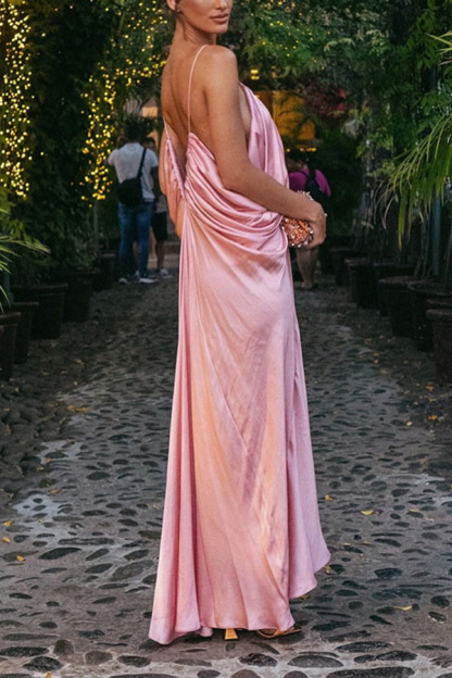 Venus Satin V-neck Draped Pleated Slip Loose Maxi Dress-consonak