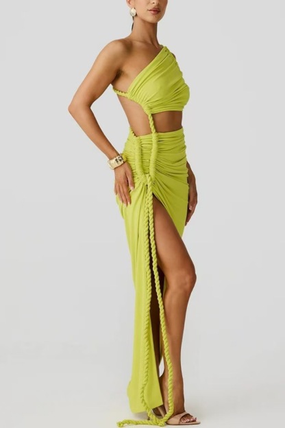 Juliana Rope Detail Ruched One Shoulder Cutout Stretch Maxi Dress-consonak