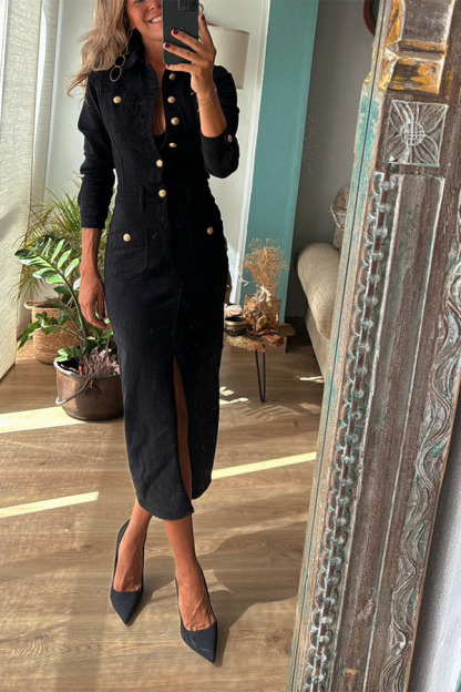 Tessy Denim Metal Button Zipper Shirt Stretch Pencil Slit Midi Dress-consonak