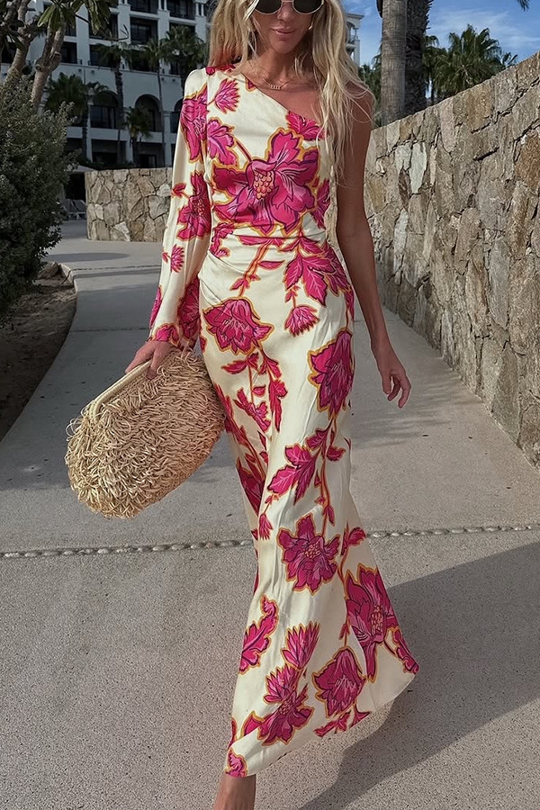 Rhia Satin Floral Print One Shoulder Flared Maxi Dress | Consonak