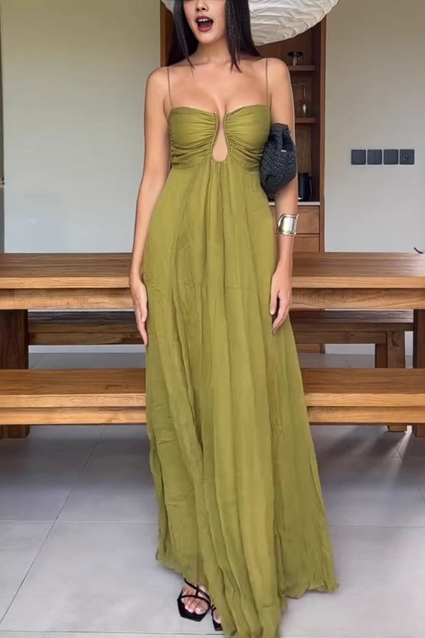 Soft and Elegant Metal Hollow Design Back Smocked A-line Slip Maxi Dress-consonak