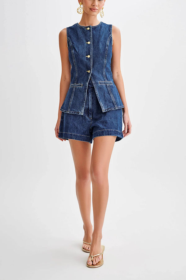 Abel Denim Button Up Princess Seams Pocket Vest Top-consonak