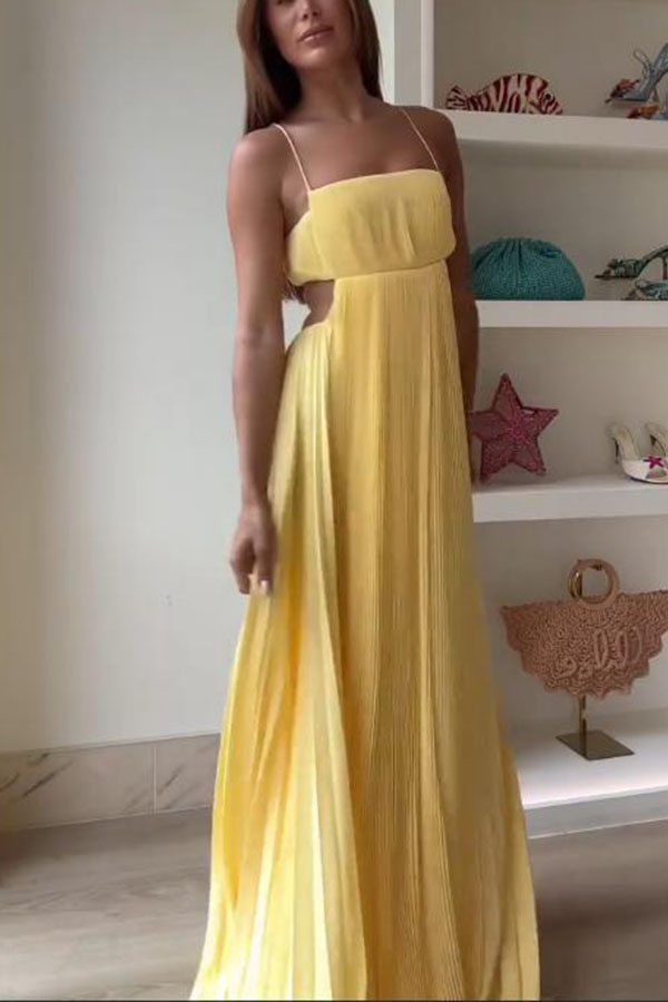 Butter Moment Pleated Cutout Waist A-line Slip Maxi Dress-consonak