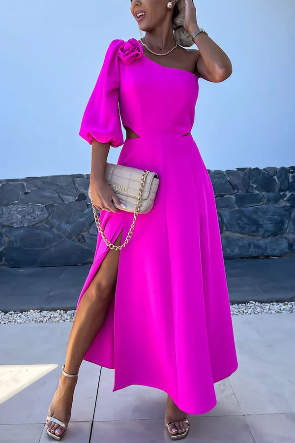 Women's spring and summer new flower oblique shoulder split double dress INS leisure party satin dress-consonak